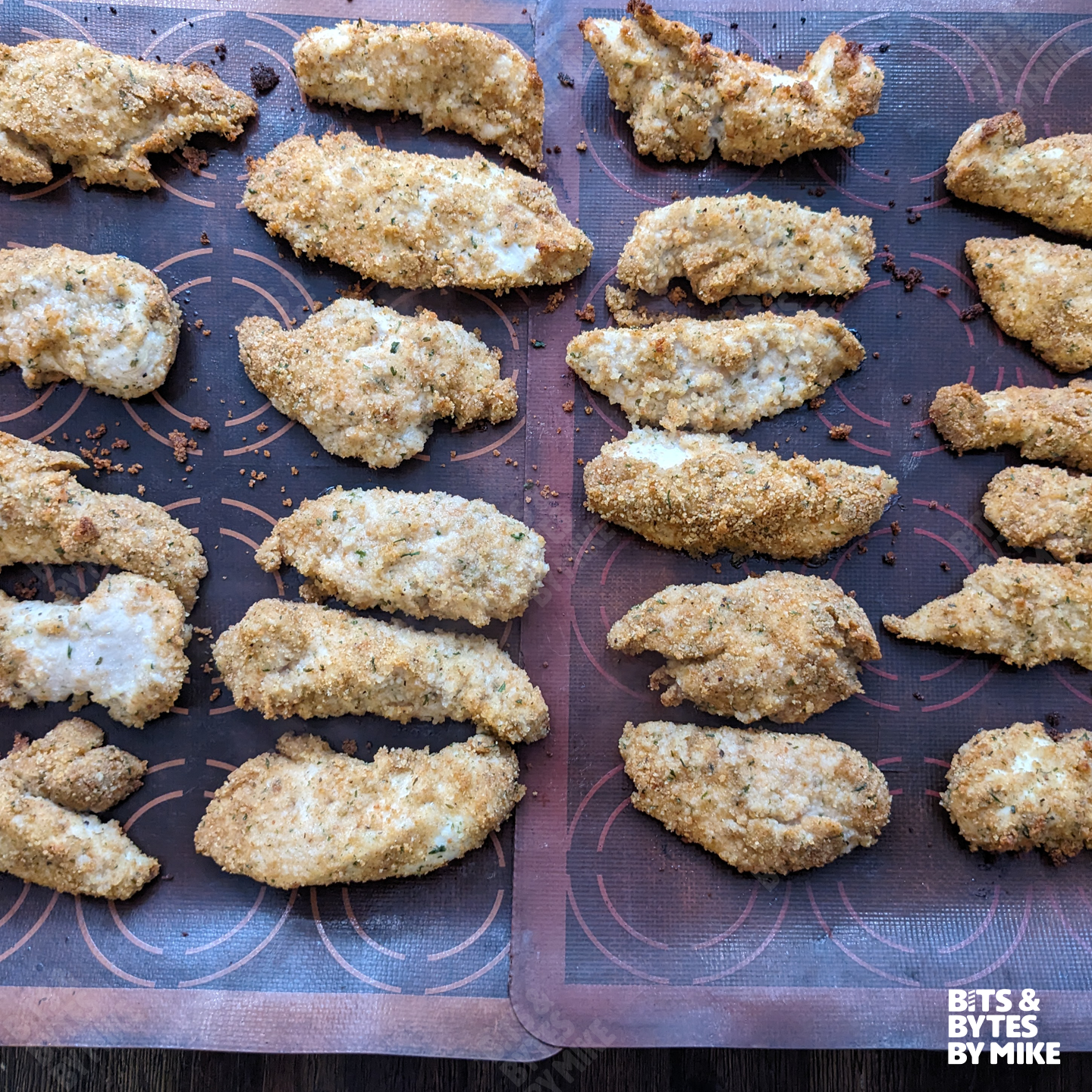 Chicken tenders after coming out of the oven.