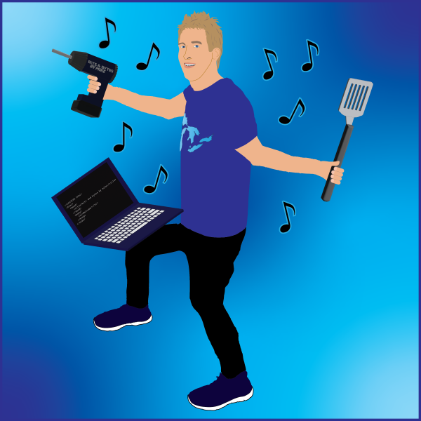 cartoon me juggling a laptop, drill, and spatula